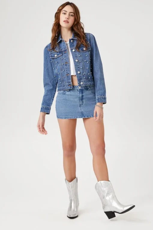 Faux Pearl Denim Trucker Jacket