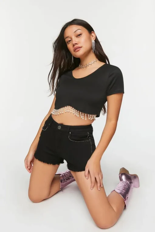 Faux Pearl-Trim Crop Top