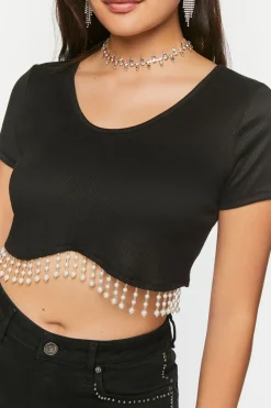 Faux Pearl-Trim Crop Top