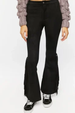 Faux Suede Fringe Flare Pants