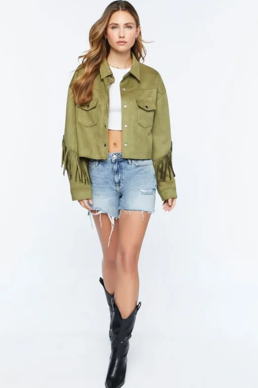 Faux Suede Fringe Trucker Jacket