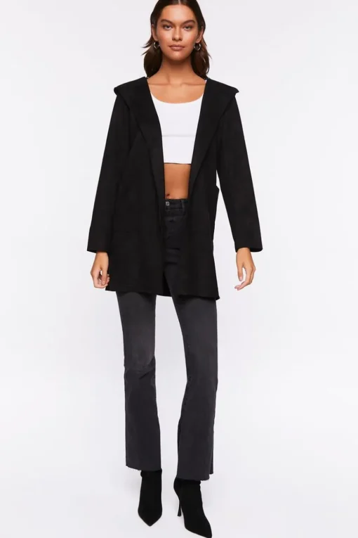 Faux Suede Hooded Longline Jacket