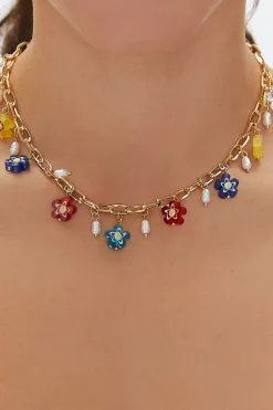 Floral & Faux Pearl Chain Necklace