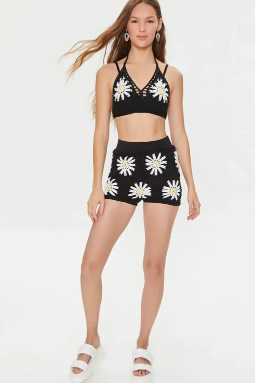Floral Crochet Halter Cami & Shorts Set