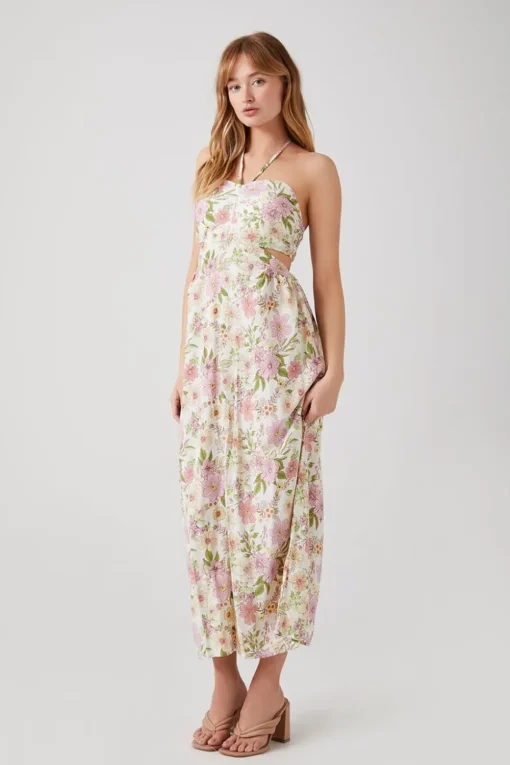 Floral Cutout Halter Midi Dress