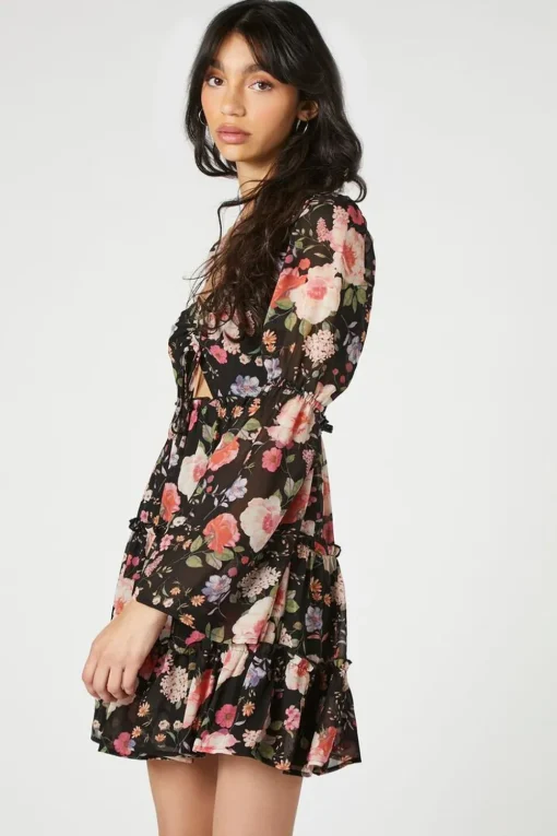 Floral Cutout Tiered Mini Dress