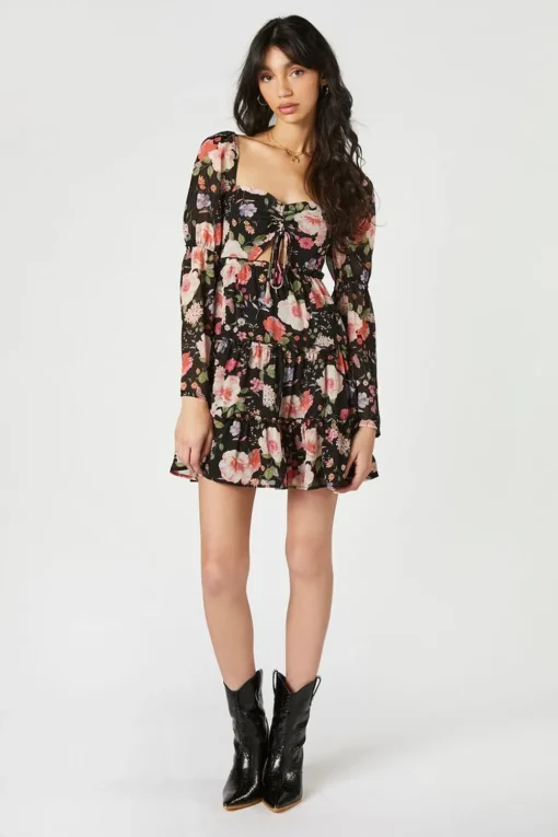 Floral Cutout Tiered Mini Dress