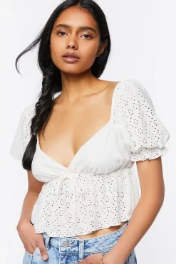 Floral Eyelet Puff-Sleeve Crop Top