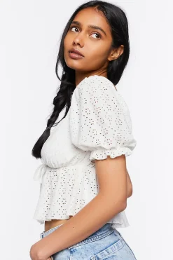 Floral Eyelet Puff-Sleeve Crop Top