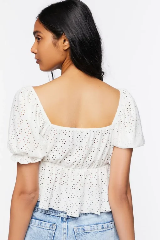 Floral Eyelet Puff-Sleeve Crop Top