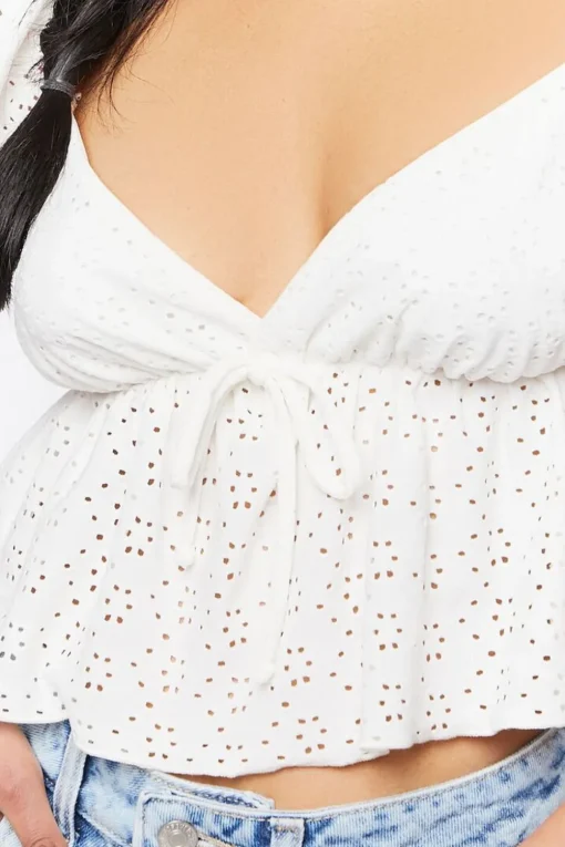 Floral Eyelet Puff-Sleeve Crop Top