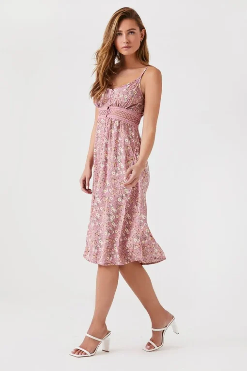 Floral Lattice-Cutout Midi Dress