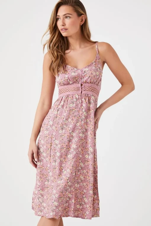 Floral Lattice-Cutout Midi Dress