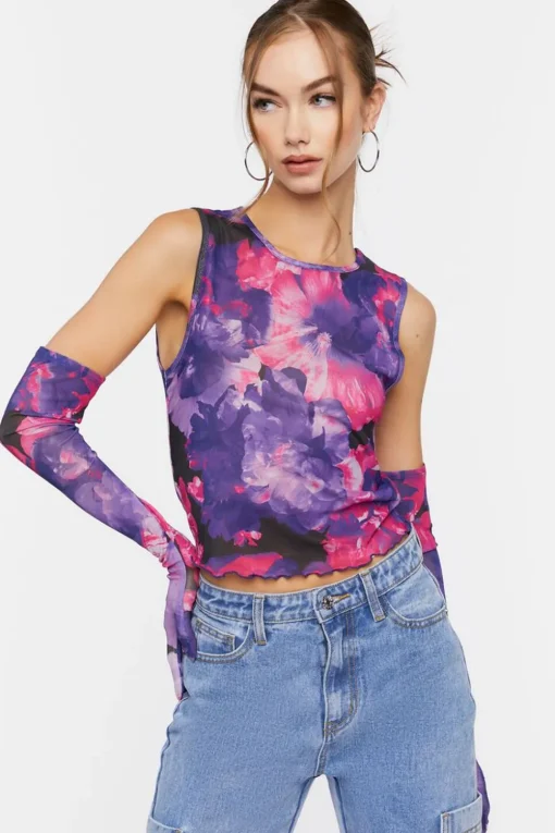 Floral Mesh Crop Top & Gloves Set