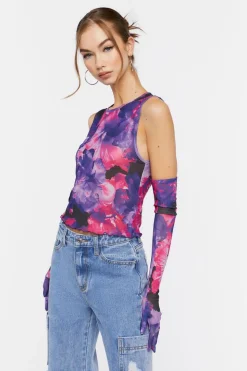 Floral Mesh Crop Top & Gloves Set