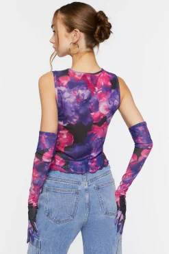 Floral Mesh Crop Top & Gloves Set