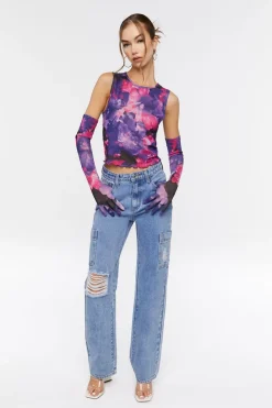 Floral Mesh Crop Top & Gloves Set