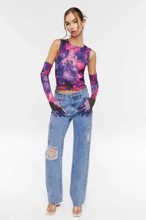 Floral Mesh Crop Top & Gloves Set