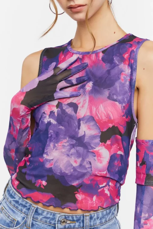 Floral Mesh Crop Top & Gloves Set