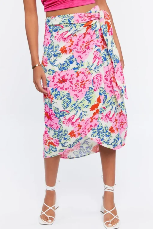 Floral Midi Mock Wrap Skirt