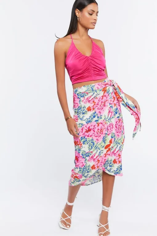 Floral Midi Mock Wrap Skirt
