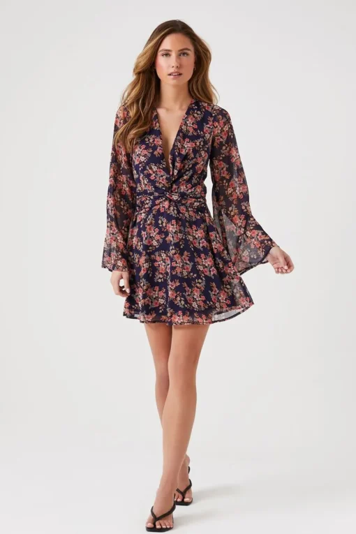 Floral Print Bell-Sleeve Mini Dress