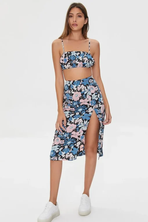 Floral Print Crop Top & Midi Skirt Set