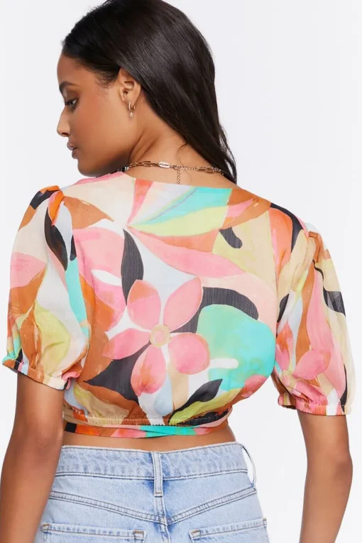 Floral Print Cropped Wrap Top