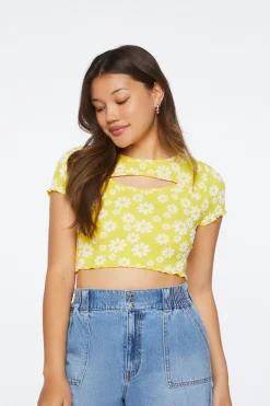 Floral Print Cutout Cropped Tee