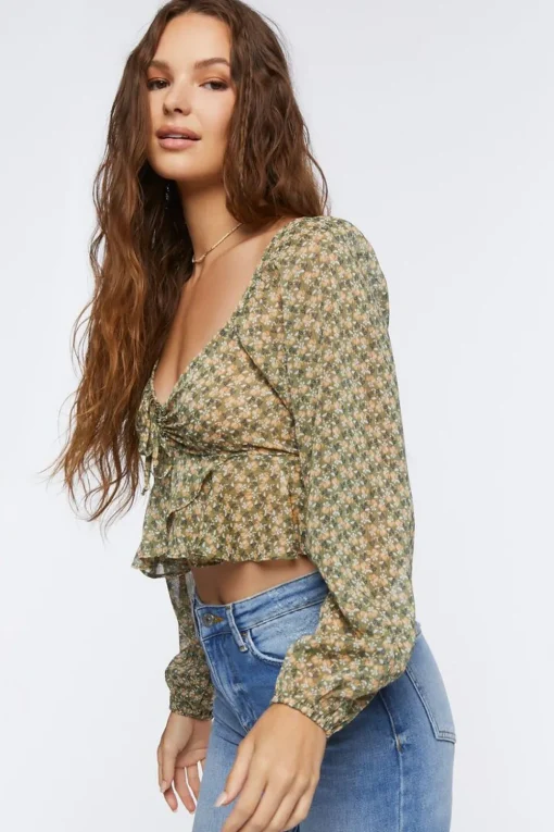 Floral Print Peasant Crop Top