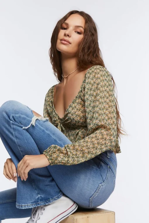 Floral Print Peasant Crop Top