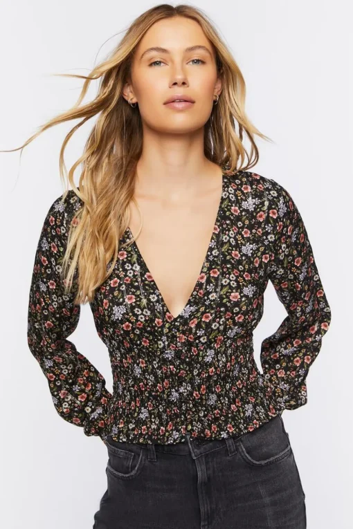 Floral Print Peasant-Sleeve Top