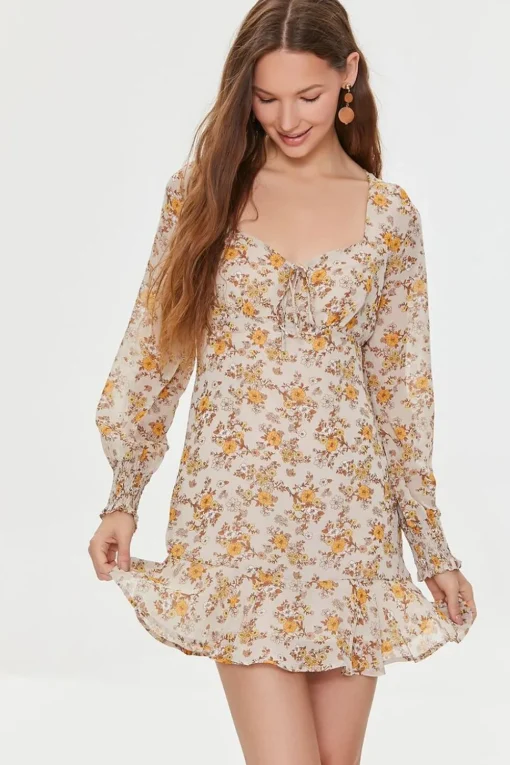 Floral Print Peasant-Sleeve Dress