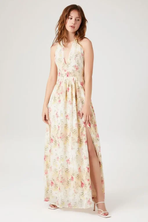 Floral Print Plunging Maxi Dress
