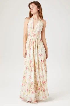 Floral Print Plunging Maxi Dress
