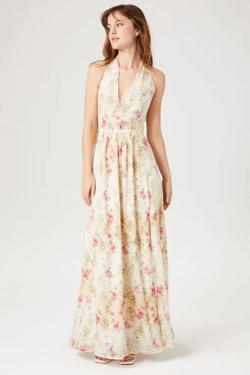 Floral Print Plunging Maxi Dress