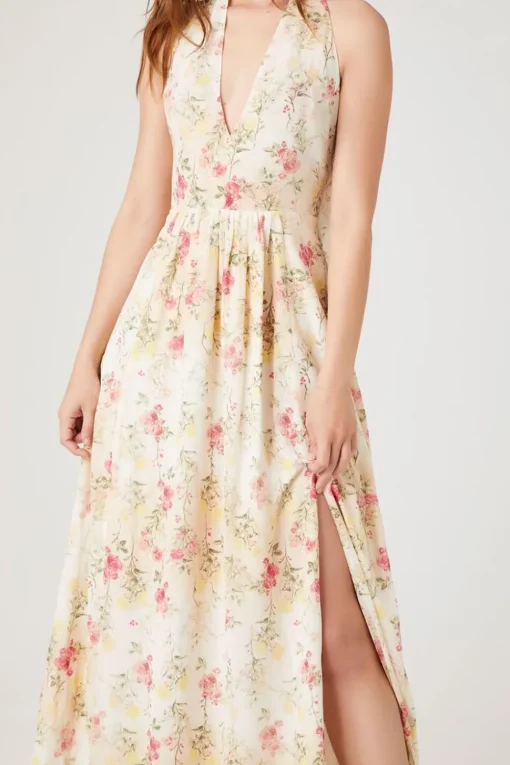 Floral Print Plunging Maxi Dress