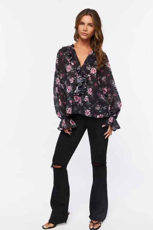 Floral Print Ruffle-Trim Top