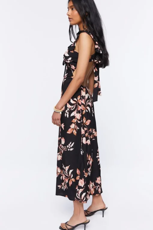 Floral Print Tie-Back Midi Dress