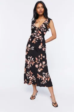 Floral Print Tie-Back Midi Dress