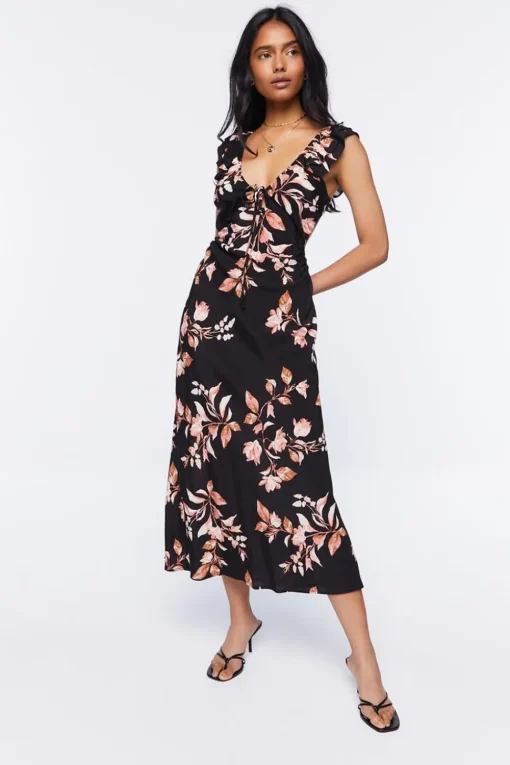 Floral Print Tie-Back Midi Dress