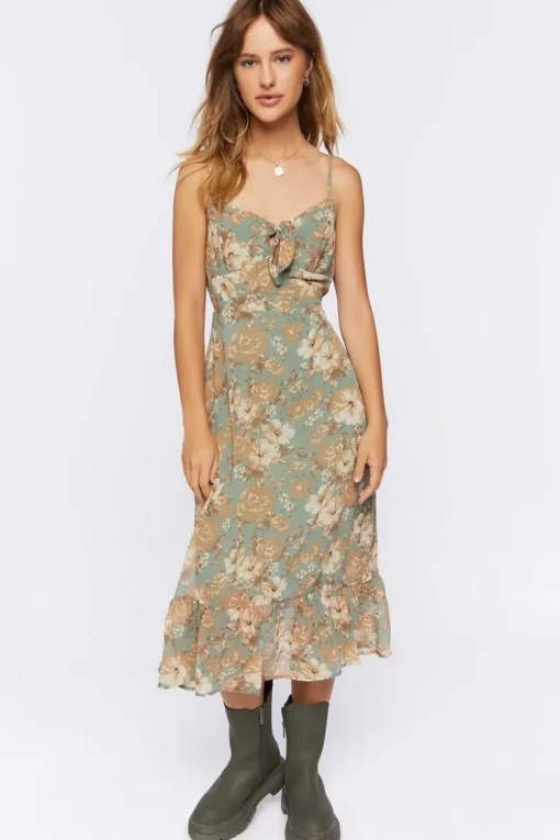 Floral Print Tie-Front Midi Dress