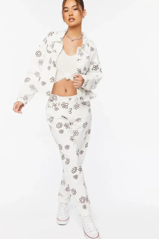 Floral Print Wide-Leg Jeans