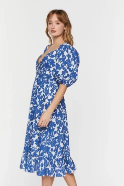 Floral Puff-Sleeve Midi Dress