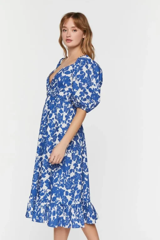 Floral Puff-Sleeve Midi Dress