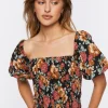 Floral Shirred Puff Sleeve Crop Top
