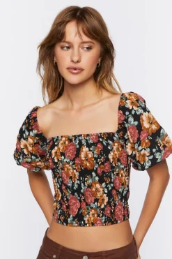 Floral Shirred Puff Sleeve Crop Top