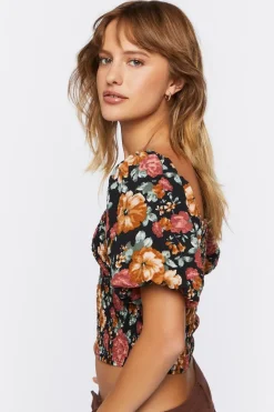 Floral Shirred Puff Sleeve Crop Top