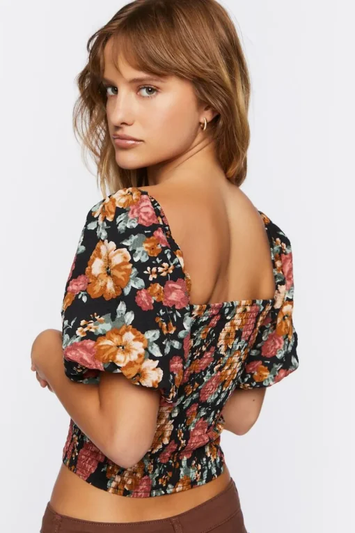 Floral Shirred Puff Sleeve Crop Top