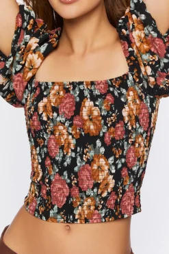 Floral Shirred Puff Sleeve Crop Top